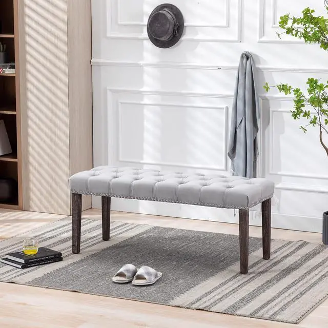 Alt view image 4 of 7 - Button-Tufted Ottoman Bench, Upholstered Bedroom Benches Velvet Footrest Stool Accent Bench for Entryway Dining Room Living Room Bedroom End of Bed, Gray