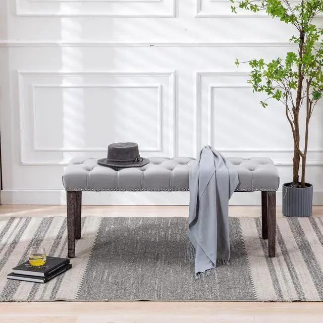 Alt view image 5 of 7 - Button-Tufted Ottoman Bench, Upholstered Bedroom Benches Velvet Footrest Stool Accent Bench for Entryway Dining Room Living Room Bedroom End of Bed, Gray