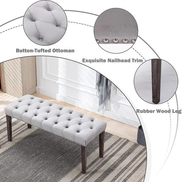 Alt view image 6 of 7 - Button-Tufted Ottoman Bench, Upholstered Bedroom Benches Velvet Footrest Stool Accent Bench for Entryway Dining Room Living Room Bedroom End of Bed, Gray