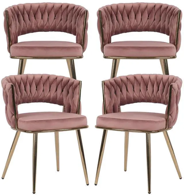 Main image of Modern Velvet Dining Chairs Set of 4, Upholstered Living Room Chair with Woven Back and Golden Metal Legs, Mid-Century Accent Side Chair for Dining Room, Kitchen, Rose