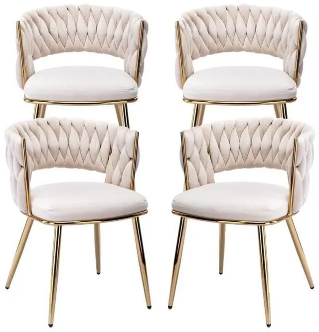Main image of Modern Velvet Dining Chairs Set of 4, Upholstered Living Room Chair with Woven Back and Golden Metal Legs, Mid-Century Accent Side Chair for Dining Room, Kitchen, Beige