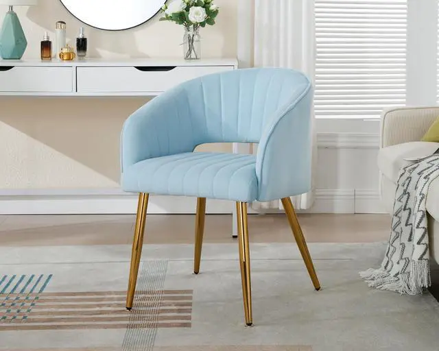 Alt view image 2 of 7 - Modern Velvet Desk Chair Accent Armchair Upholstered Tufted Chairs Dining Chairs, Tufted Vanity Chairs Side Chair with Gold Metal Legs for Dining Room Living Room Restaurant, 1 PC & Baby Blue