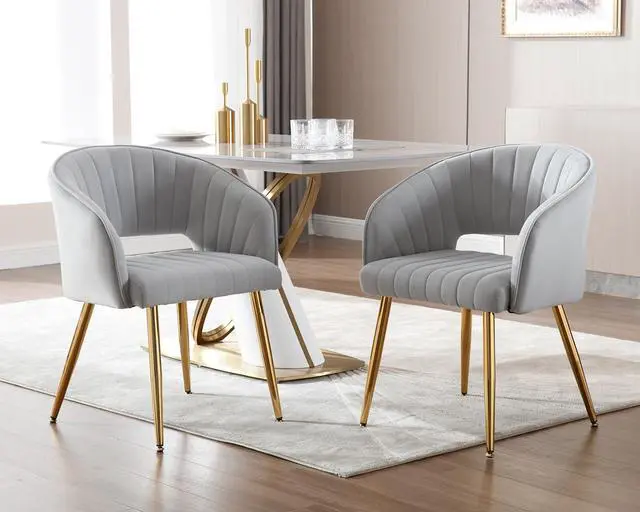 Alt view image 2 of 7 - Modern Velvet Desk Chair Accent Armchair Upholstered Tufted Chairs Dining Chairs, Tufted Vanity Chairs Side Chair with Gold Metal Legs for Dining Room Living Room Restaurant,1 PC & Light Gray