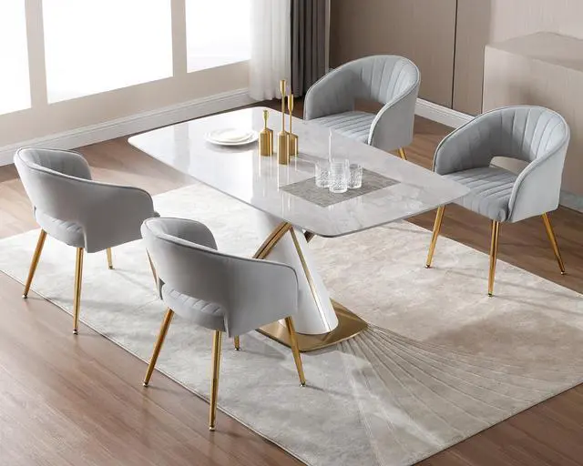 Alt view image 4 of 7 - Modern Velvet Desk Chair Accent Armchair Upholstered Tufted Chairs Dining Chairs, Tufted Vanity Chairs Side Chair with Gold Metal Legs for Dining Room Living Room Restaurant,1 PC & Light Gray