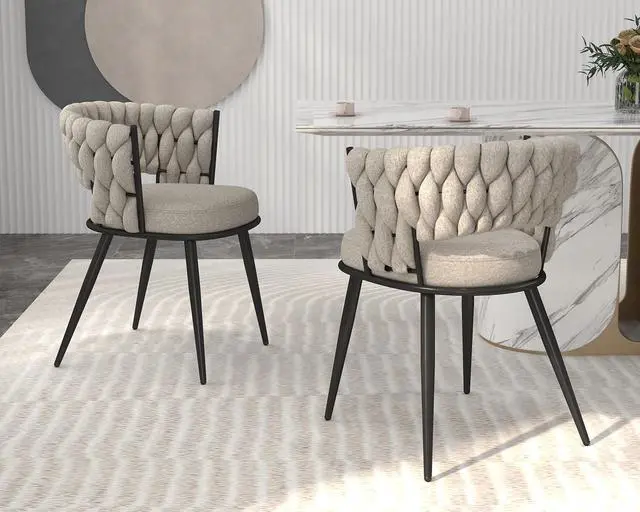 Alt view image 4 of 7 - Fabric Dining Chairs Set of 2, Modern Dining Chair with Metal Legs, Woven Upholstered Dining Chairs for Dining Room, Kitchen, Vanity, Living Room (Beige)