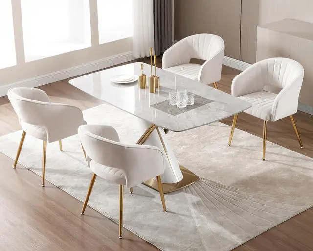 Alt view image 7 of 7 - Modern Velvet Dining Chairs Set of 4, Cream, Hollow Back, Tufted Kitchen Chairs Side Chairs with Gold Metal Legs for Living Room