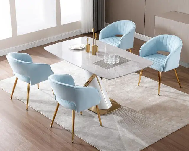 Alt view image 4 of 7 - Modern Accent Dining Chairs Set of 2, Upholstered Velvet Dining Room Chairs with Hollow Back, Tufted Kitchen Chairs Side Chair with Gold Metal Legs for Living Room Restaurant, Baby Blue