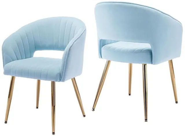 Main image of Modern Accent Dining Chairs Set of 2, Upholstered Velvet Dining Room Chairs with Hollow Back, Tufted Kitchen Chairs Side Chair with Gold Metal Legs for Living Room Restaurant, Baby Blue