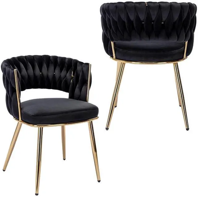 Main image of Velvet Dining Chairs Set of 2, Gold Modern Dining Chair with Metal Legs, Woven Upholstered Dining Chairs for Dining Room, Kitchen, Vanity, Living Room (Black)