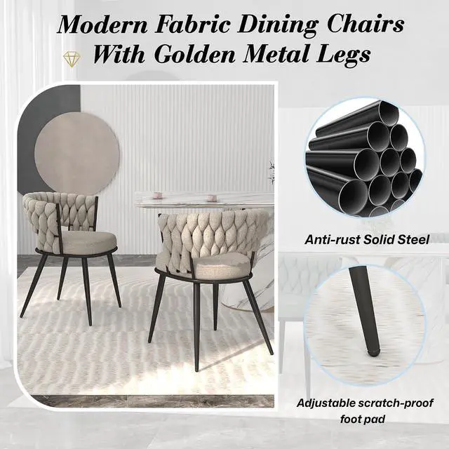 Alt view image 7 of 7 - Fabric Dining Chairs Set of 2, Modern Dining Chair with Metal Legs, Woven Upholstered Dining Chairs for Dining Room, Kitchen, Vanity, Living Room (Beige)