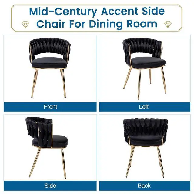 Alt view image 6 of 7 - Velvet Dining Chairs Set of 2, Gold Modern Dining Chair with Metal Legs, Woven Upholstered Dining Chairs for Dining Room, Kitchen, Vanity, Living Room (Black)