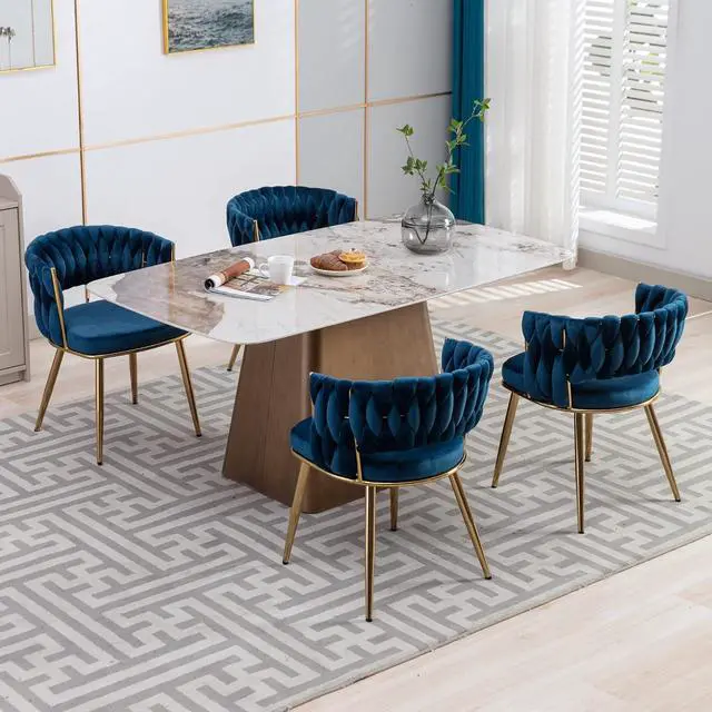 Alt view image 2 of 7 - Modern Velvet Dining Chairs Set of 4, Back and Golden Metal Legs, Mid-Century Accent Side Chair for Living Room, Dining Room, Kitchen, Blue