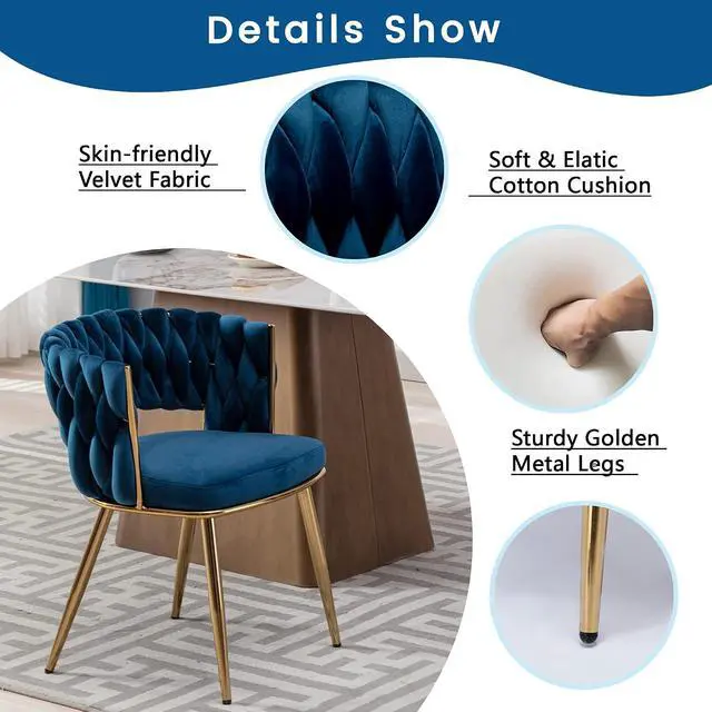 Alt view image 4 of 7 - Modern Velvet Dining Chairs Set of 4, Back and Golden Metal Legs, Mid-Century Accent Side Chair for Living Room, Dining Room, Kitchen, Blue