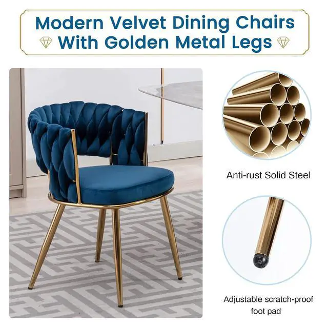Alt view image 6 of 7 - Modern Velvet Dining Chairs Set of 4, Back and Golden Metal Legs, Mid-Century Accent Side Chair for Living Room, Dining Room, Kitchen, Blue