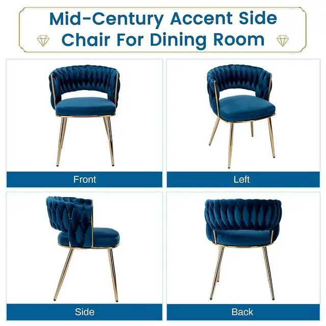 Alt view image 7 of 7 - Modern Velvet Dining Chairs Set of 4, Back and Golden Metal Legs, Mid-Century Accent Side Chair for Living Room, Dining Room, Kitchen, Blue