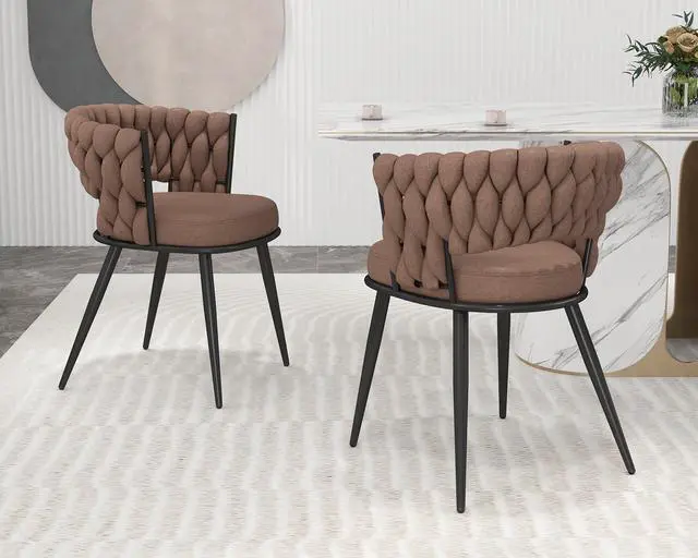 Alt view image 4 of 7 - Fabric Dining Chairs Set of 2, Modern Dining Chair with Metal Legs, Woven Upholstered Dining Chairs for Dining Room, Kitchen, Vanity, Living Room (Brown)