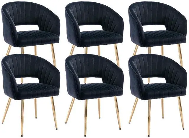 Main image of Modern Accent Dining Chairs Set of 6, Upholstered Velvet Dining Room Chairs with Hollow Back, Tufted Kitchen Chairs Side Chairs with Gold Metal Legs for Living Room Restaurant, Black