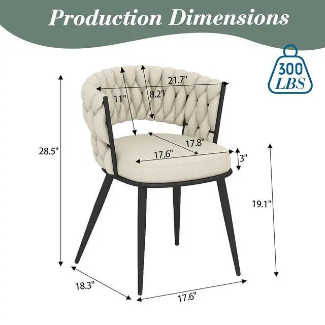 Alt view image 3 of 7 - Fabric Dining Chairs Set of 2, Modern Dining Chair with Metal Legs, Woven Upholstered Dining Chairs for Dining Room, Kitchen, Vanity, Living Room (Beige)