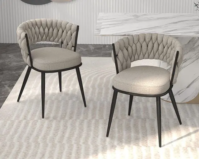Alt view image 2 of 7 - Fabric Dining Chairs Set of 2, Modern Dining Chair with Metal Legs, Woven Upholstered Dining Chairs for Dining Room, Kitchen, Vanity, Living Room (Beige)