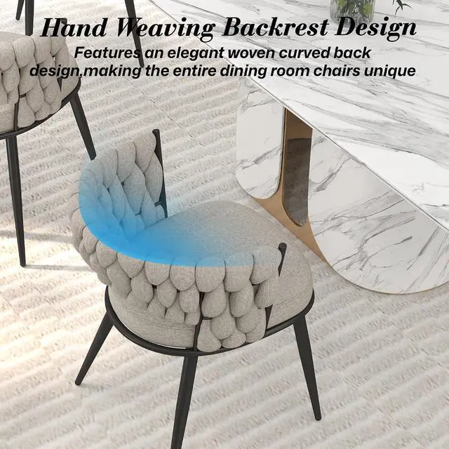 Alt view image 5 of 7 - Fabric Dining Chairs Set of 2, Modern Dining Chair with Metal Legs, Woven Upholstered Dining Chairs for Dining Room, Kitchen, Vanity, Living Room (Beige)