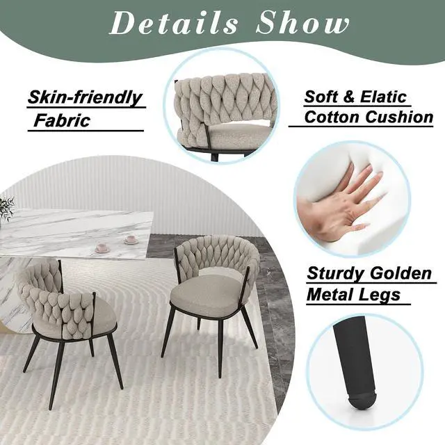Alt view image 6 of 7 - Fabric Dining Chairs Set of 2, Modern Dining Chair with Metal Legs, Woven Upholstered Dining Chairs for Dining Room, Kitchen, Vanity, Living Room (Beige)