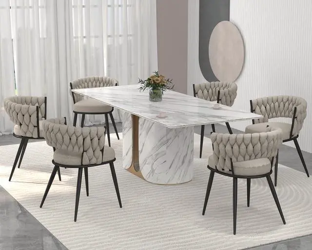 Alt view image 4 of 7 - Fabric Dining Chairs Set of 6, Modern Dining Chair with Metal Legs, Woven Upholstered Dining Chairs for Dining Room, Kitchen, Vanity, Living Room (Beige)