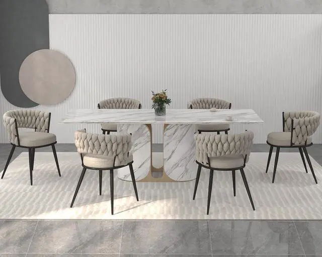 Alt view image 5 of 7 - Fabric Dining Chairs Set of 6, Modern Dining Chair with Metal Legs, Woven Upholstered Dining Chairs for Dining Room, Kitchen, Vanity, Living Room (Beige)
