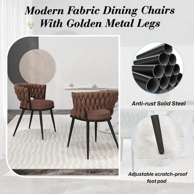 Alt view image 7 of 7 - Fabric Dining Chairs Set of 2, Modern Dining Chair with Metal Legs, Woven Upholstered Dining Chairs for Dining Room, Kitchen, Vanity, Living Room (Brown)