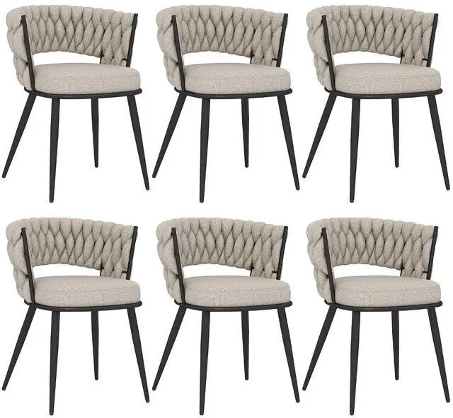 Main image of Fabric Dining Chairs Set of 6, Modern Dining Chair with Metal Legs, Woven Upholstered Dining Chairs for Dining Room, Kitchen, Vanity, Living Room (Beige)
