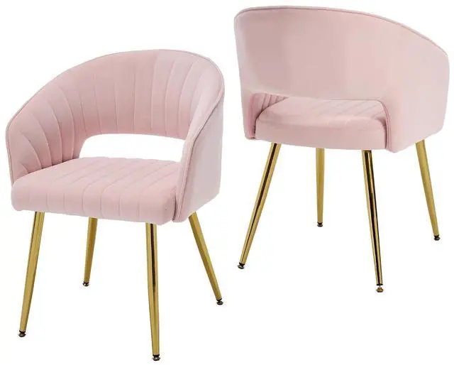 Main image of Modern Accent Dining Chairs Set of 2, Upholstered Velvet Dining Room Chairs with Hollow Back, Tufted Kitchen Chairs Side Chair with Gold Metal Legs for Living Room Restaurant, Pink