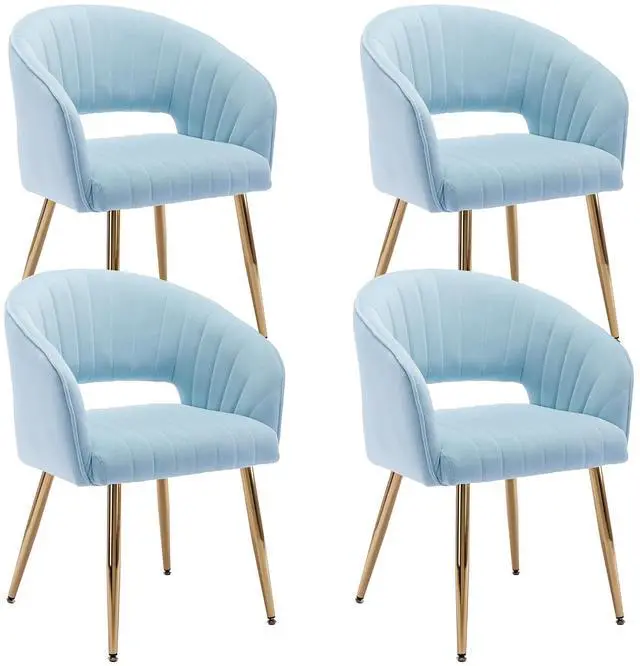 Main image of Modern Accent Dining Chairs Set of 4, Upholstered Velvet Dining Room Chairs with Hollow Back, Tufted Kitchen Chairs Side Chairs with Gold Metal Legs for Living Room Restaurant, Baby Blue