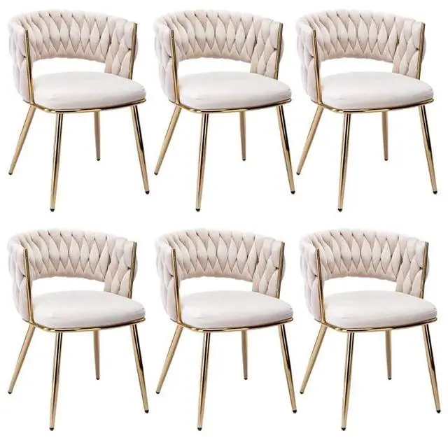 Main image of Modern Velvet Dining Chairs Set of 6, Upholstered Living Room Chair with Woven Back and Golden Metal Legs, Mid-Century Accent Side Chair for Dining Room, Kitchen,Beige