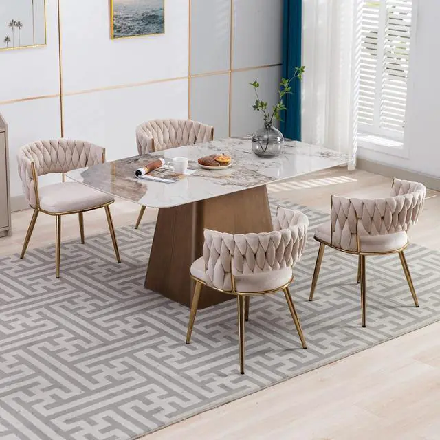 Alt view image 2 of 7 - Modern Velvet Dining Chairs Set of 2, Upholstered Living Room Chair with Woven Back and Golden Metal Legs, Mid-Century Accent Side Chair for Living Dining Room, Kitchen, Beige