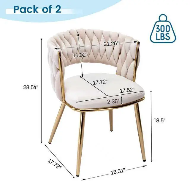 Alt view image 3 of 7 - Modern Velvet Dining Chairs Set of 2, Upholstered Living Room Chair with Woven Back and Golden Metal Legs, Mid-Century Accent Side Chair for Living Dining Room, Kitchen, Beige
