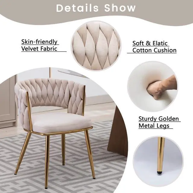 Alt view image 4 of 7 - Modern Velvet Dining Chairs Set of 4, Upholstered Living Room Chair with Woven Back and Golden Metal Legs, Mid-Century Accent Side Chair for Dining Room, Kitchen, Beige