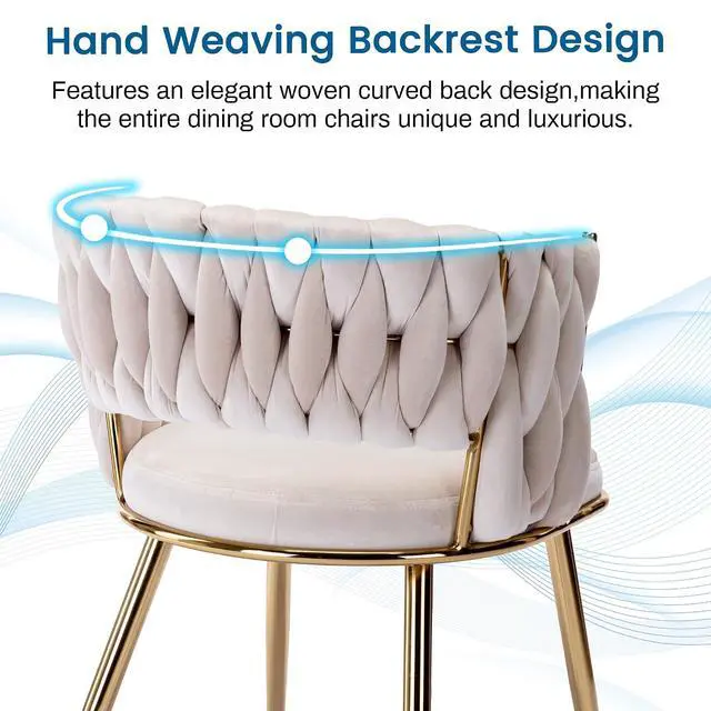 Alt view image 6 of 7 - Modern Velvet Dining Chairs Set of 2, Upholstered Living Room Chair with Woven Back and Golden Metal Legs, Mid-Century Accent Side Chair for Living Dining Room, Kitchen, Beige