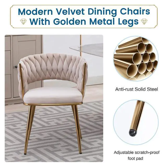 Alt view image 7 of 7 - Modern Velvet Dining Chairs Set of 2, Upholstered Living Room Chair with Woven Back and Golden Metal Legs, Mid-Century Accent Side Chair for Living Dining Room, Kitchen, Beige