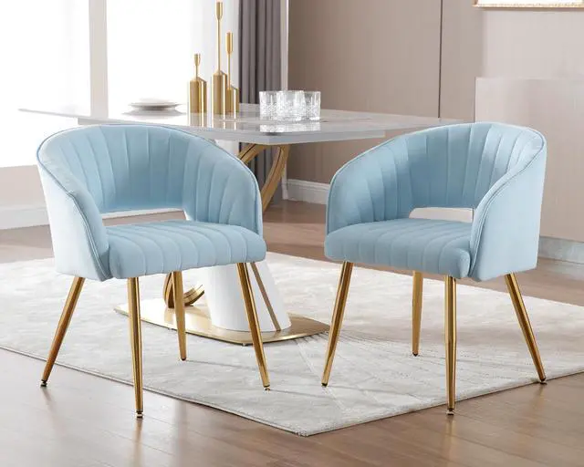 Alt view image 2 of 7 - Modern Accent Dining Chairs Set of 2, Upholstered Velvet Dining Room Chairs with Hollow Back, Tufted Kitchen Chairs Side Chair with Gold Metal Legs for Living Room Restaurant, Baby Blue