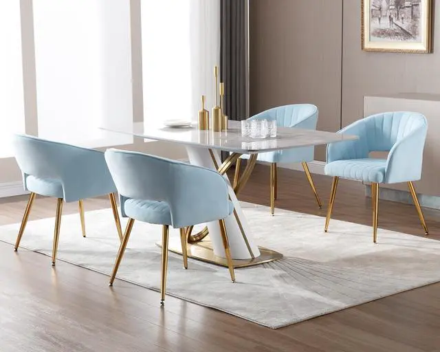 Alt view image 4 of 7 - Modern Accent Dining Chairs Set of 4, Upholstered Velvet Dining Room Chairs with Hollow Back, Tufted Kitchen Chairs Side Chairs with Gold Metal Legs for Living Room Restaurant, Baby Blue