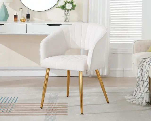 Alt view image 2 of 7 - Modern Velvet Desk Chair Accent Armchair Upholstered Tufted Chairs Dining Chairs, Tufted Vanity Chair Side Chairs with Gold Metal Legs for Dining Room Living Room Restaurant,1 PC &Cream
