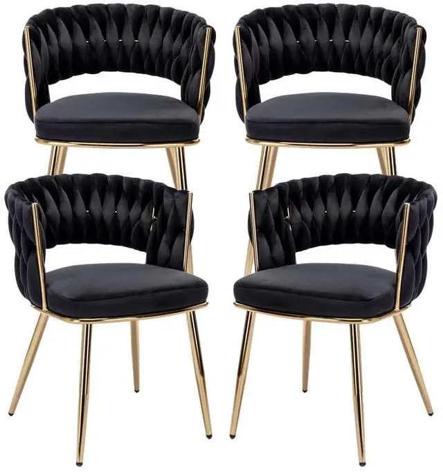 Main image of Velvet Dining Chairs Set of 4, Gold Modern Dining Chair with Metal Legs, Woven Upholstered Dining Chairs for Dining Room, Kitchen, Vanity, Living Room (Black)