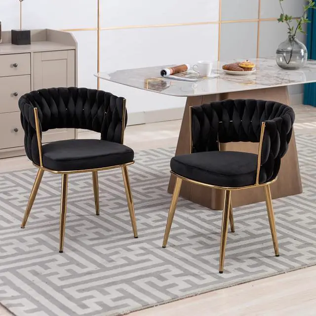 Alt view image 2 of 7 - Velvet Dining Chairs Set of 4, Gold Modern Dining Chair with Metal Legs, Woven Upholstered Dining Chairs for Dining Room, Kitchen, Vanity, Living Room (Black)