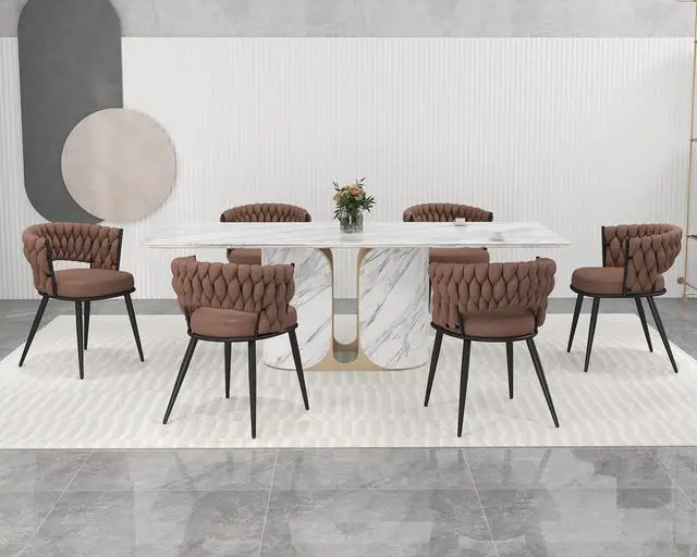 Alt view image 5 of 7 - Fabric Dining Chairs Set of 6, Modern Dining Chair with Metal Legs, Woven Upholstered Dining Chairs for Dining Room, Kitchen, Vanity, Living Room (Brown)