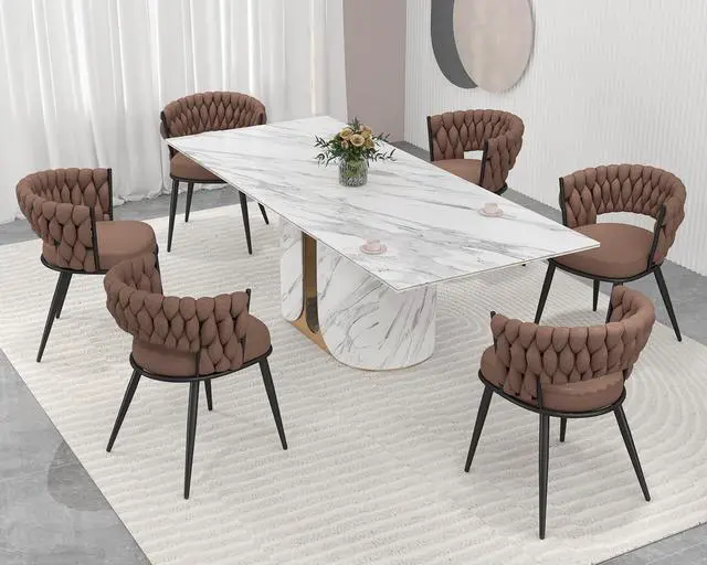 Alt view image 4 of 7 - Fabric Dining Chairs Set of 6, Modern Dining Chair with Metal Legs, Woven Upholstered Dining Chairs for Dining Room, Kitchen, Vanity, Living Room (Brown)