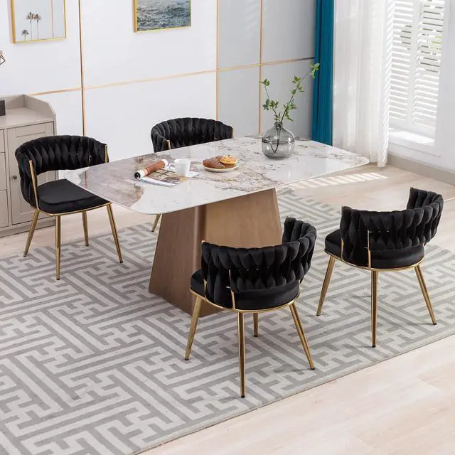 Alt view image 4 of 7 - Velvet Dining Chairs Set of 4, Gold Modern Dining Chair with Metal Legs, Woven Upholstered Dining Chairs for Dining Room, Kitchen, Vanity, Living Room (Black)