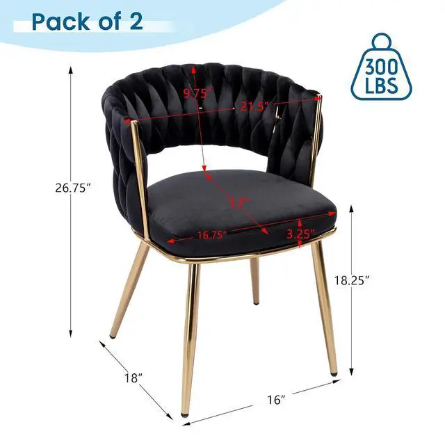 Alt view image 3 of 7 - Velvet Dining Chairs Set of 4, Gold Modern Dining Chair with Metal Legs, Woven Upholstered Dining Chairs for Dining Room, Kitchen, Vanity, Living Room (Black)
