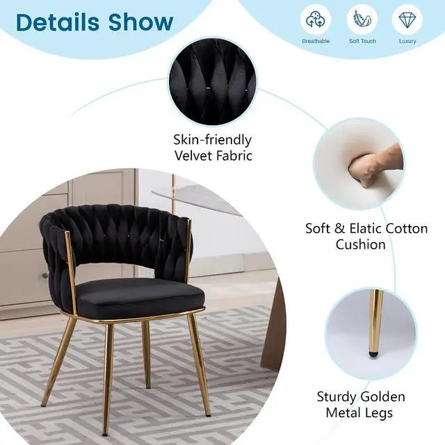 Alt view image 5 of 7 - Velvet Dining Chairs Set of 4, Gold Modern Dining Chair with Metal Legs, Woven Upholstered Dining Chairs for Dining Room, Kitchen, Vanity, Living Room (Black)
