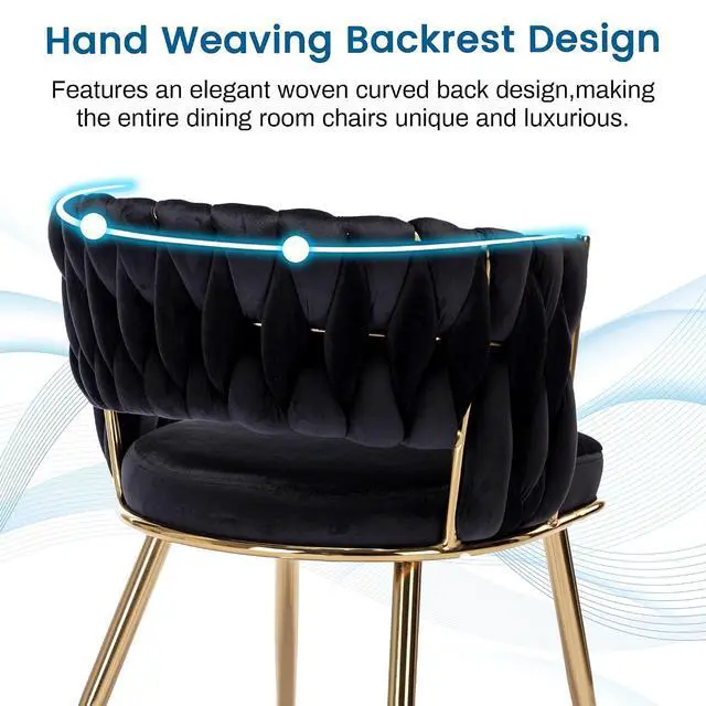 Alt view image 6 of 7 - Velvet Dining Chairs Set of 4, Gold Modern Dining Chair with Metal Legs, Woven Upholstered Dining Chairs for Dining Room, Kitchen, Vanity, Living Room (Black)