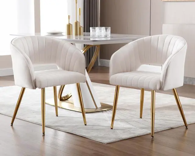 Alt view image 4 of 7 - Modern Velvet Desk Chair Accent Armchair Upholstered Tufted Chairs Dining Chairs, Tufted Vanity Chair Side Chairs with Gold Metal Legs for Dining Room Living Room Restaurant,1 PC &Cream