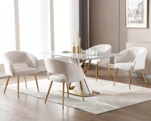 Alt view image 4 of 7 - Modern Velvet Dining Chairs Set of 4, Cream, Hollow Back, Tufted Kitchen Chairs Side Chairs with Gold Metal Legs for Living Room